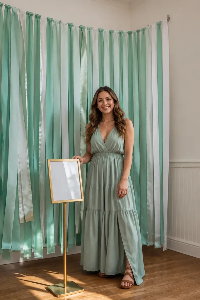 A curtain of sea-green and white ribbons hanging in a corner