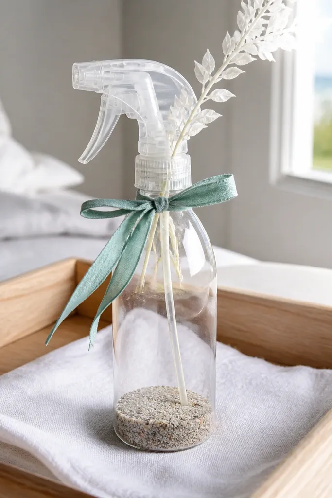 A clear bottle with sand and a white stem on a tray