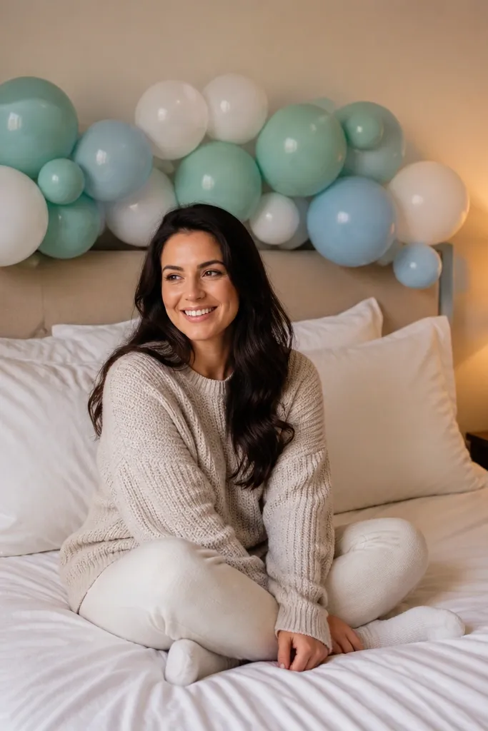 A short balloon garland strip in sea-green and white behind a bed