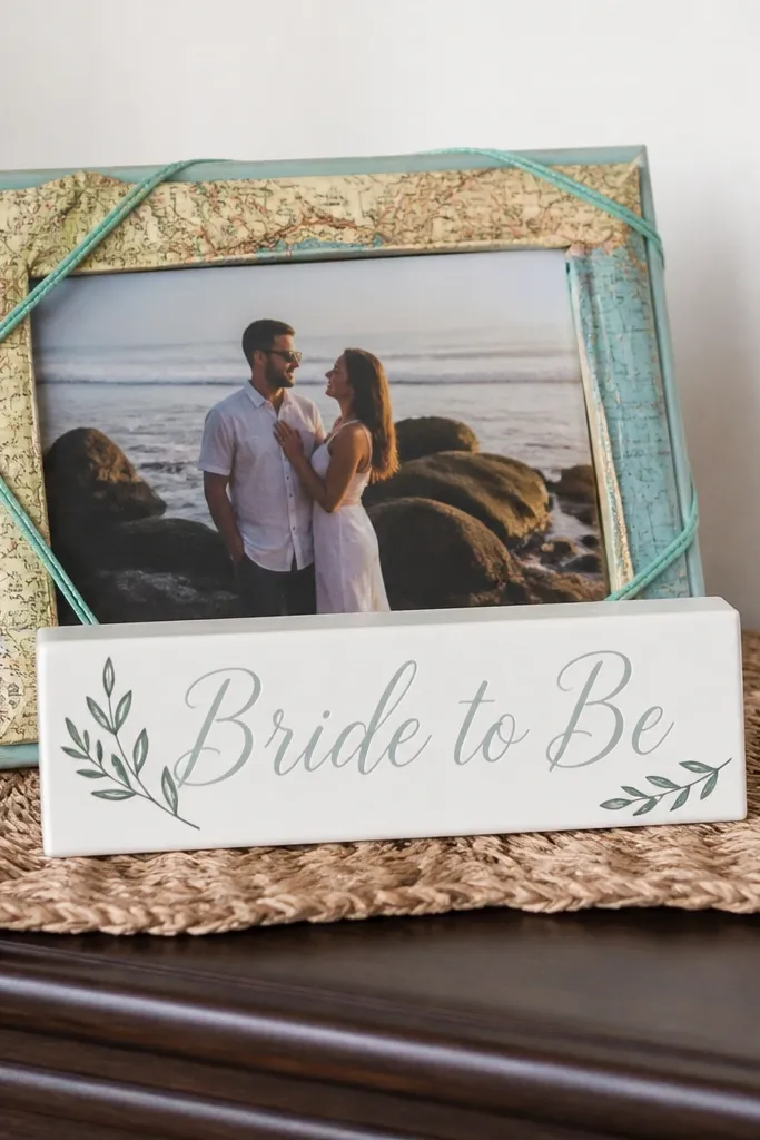 A frame with a beach map style border on a dresser