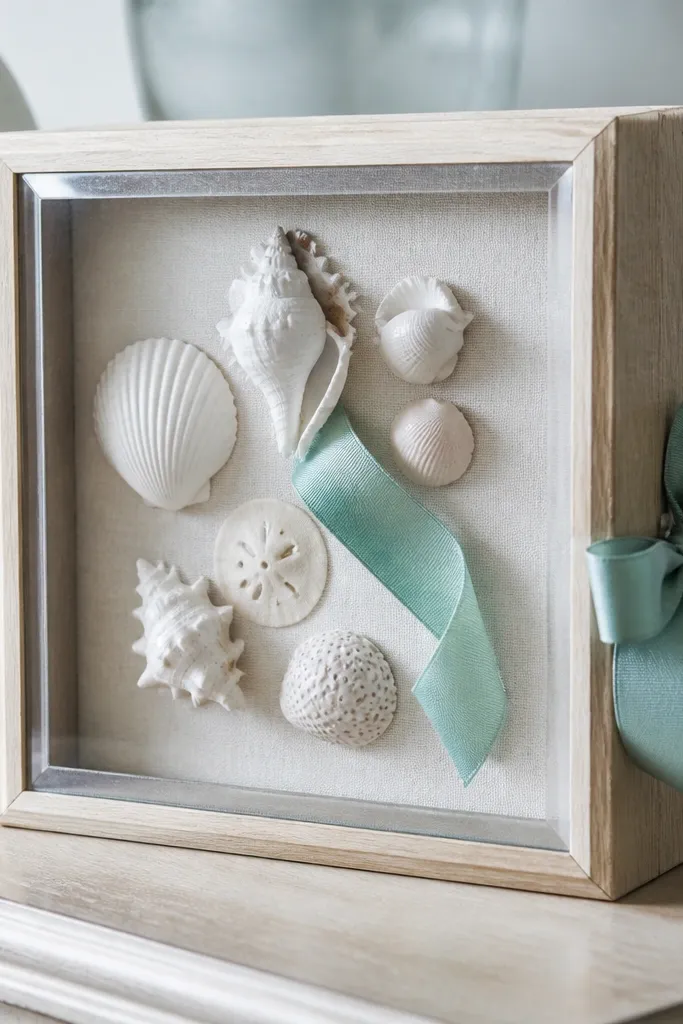 A small shadow box with shells and a sea-green ribbon inside