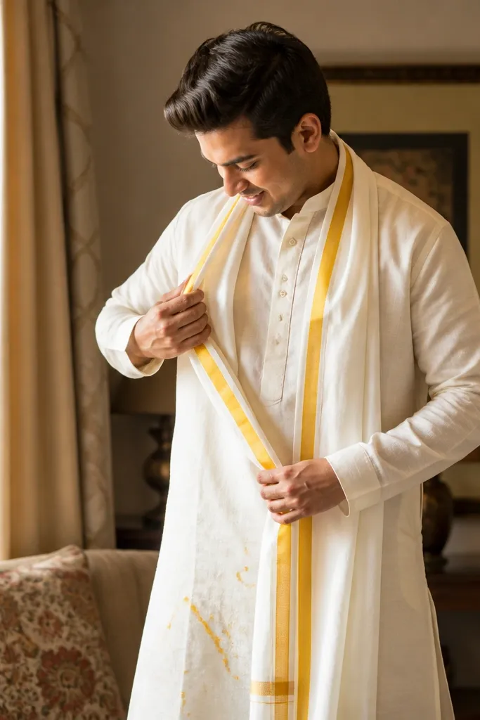 Ivory kurta with a yellow border stole and brown sandals