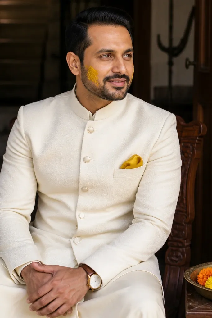 Cream bandhgala jacket with a small yellow pocket square and dark trousers