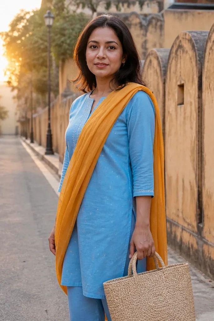 Sky blue kurta with saffron stole over one shoulder and tan mojaris