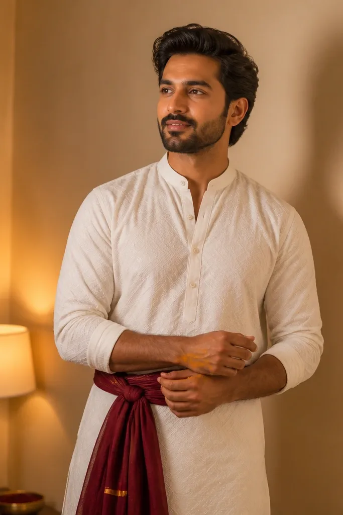 White kurta with maroon dupatta tied at the waist and black loafers