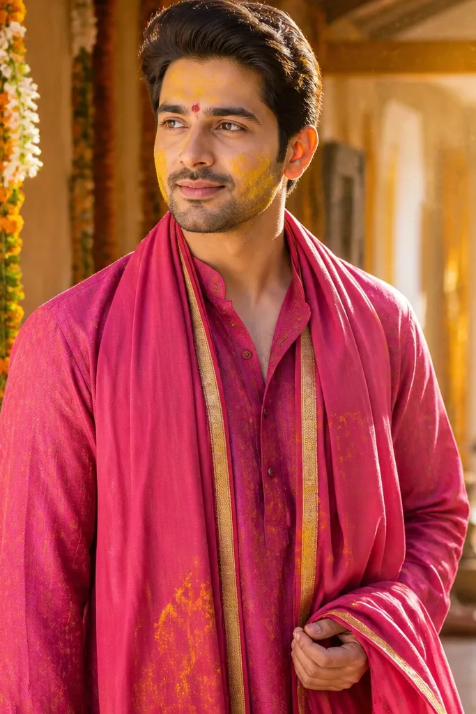 Rani pink kurta with plain gold border stole and tan mojari shoes