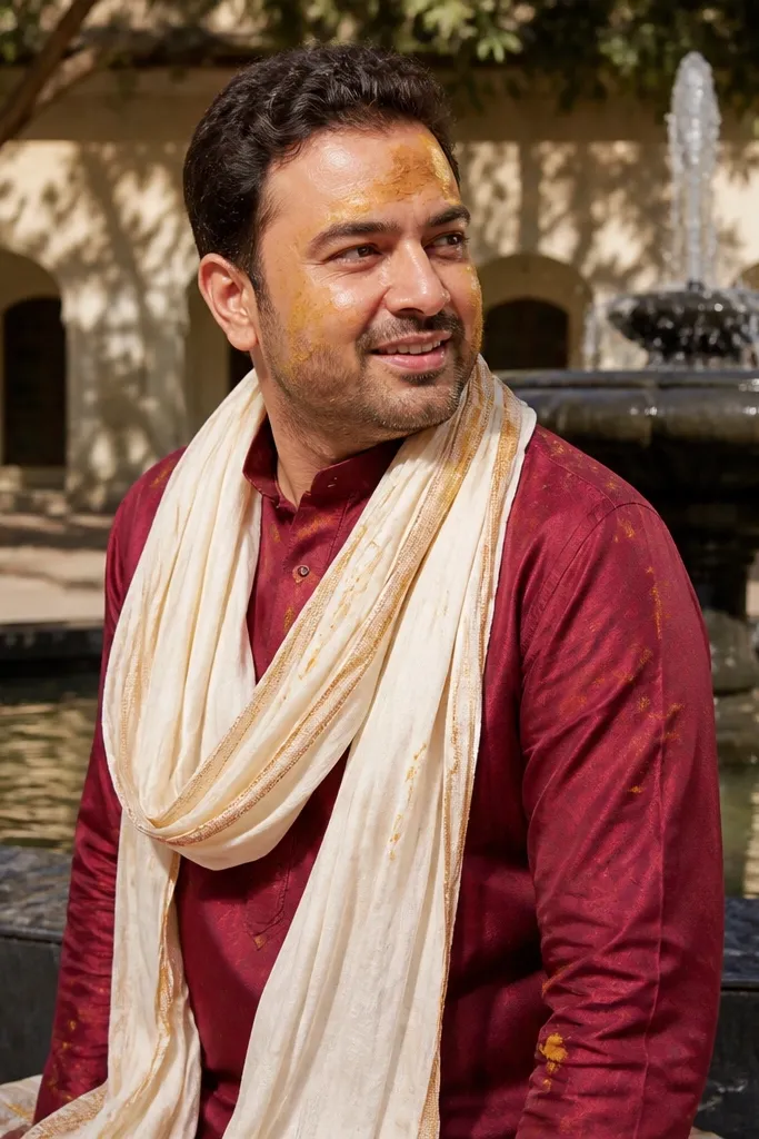 Deep maroon kurta with off-white dupatta wrapped around shoulders and black sandals