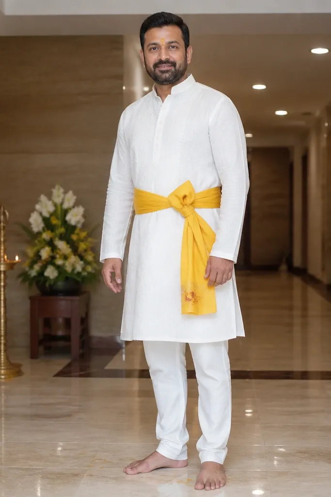 White kurta with a yellow waist sash and brown leather sandals