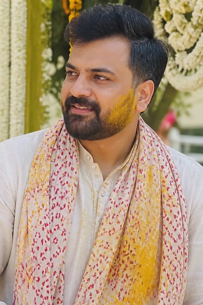 Ivory kurta with bandhani dupatta draped across chest and tan mojari