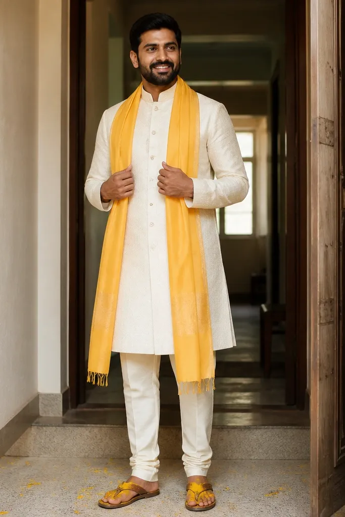 Cream sherwani-style top with a removable yellow stole and dark churidar