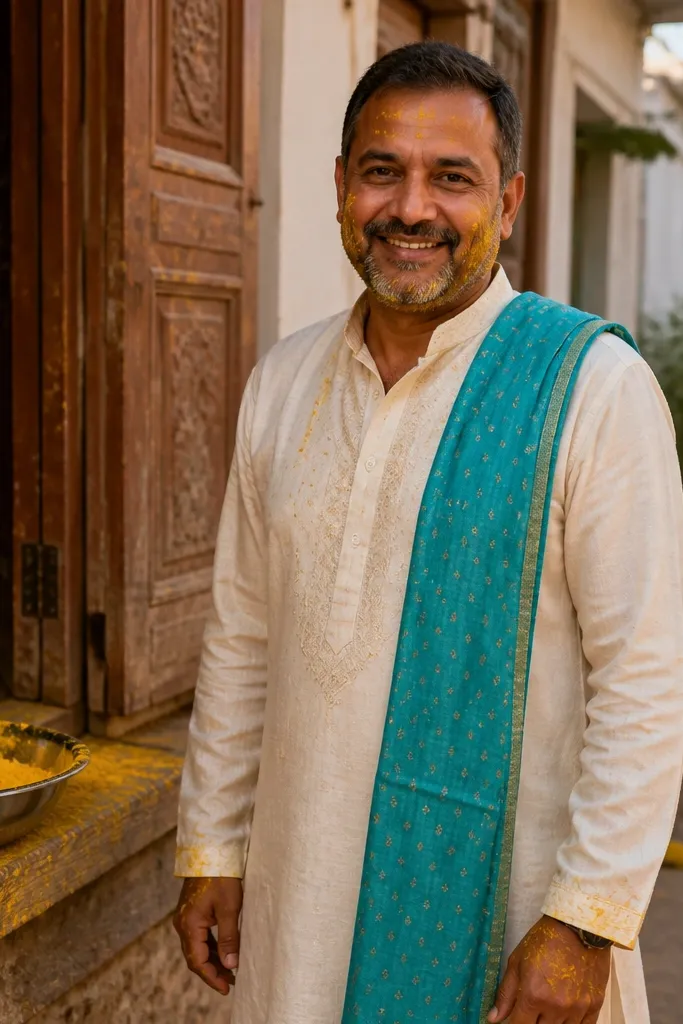 Off-white kurta with turquoise stole and brown sandals
