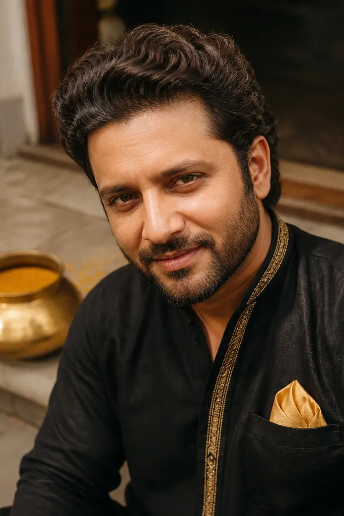 Black kurta with gold trim and yellow pocket square with black loafers