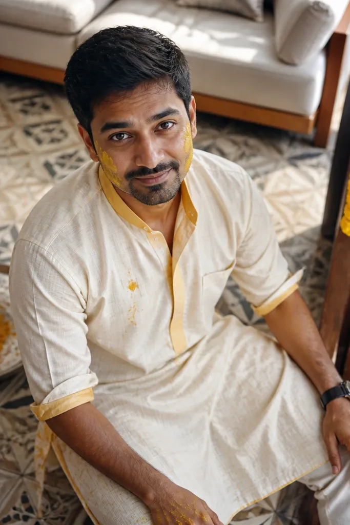 Ivory kurta with contrast collar and rolled sleeves with tan sandals
