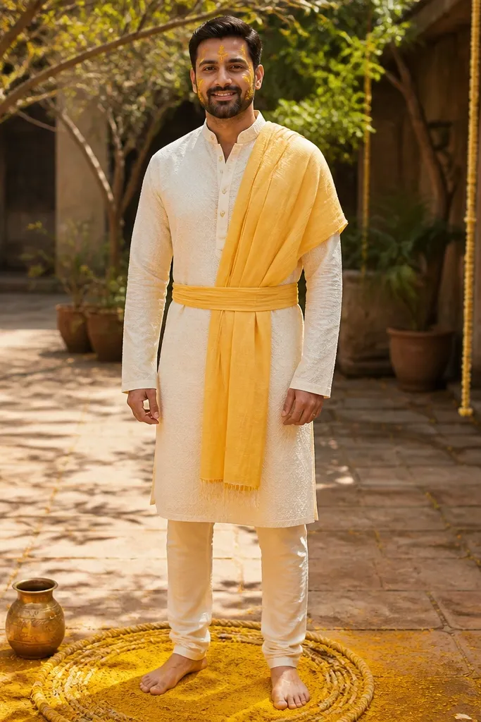 Cream kurta set with yellow dupatta belted at waist and brown mojaris