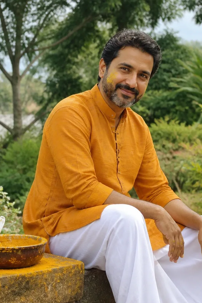 Saffron kurta with plain white pajama and simple black sandals
