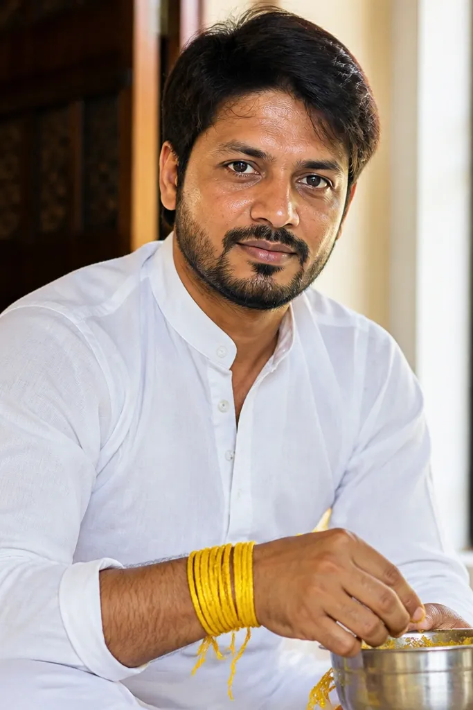 White kurta with stacked yellow thread bracelets and brown sandals