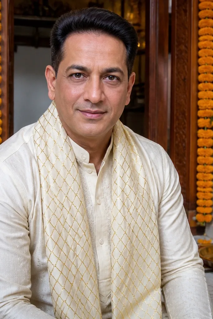 Ivory kurta with gold jaal patterned scarf wrapped at shoulders