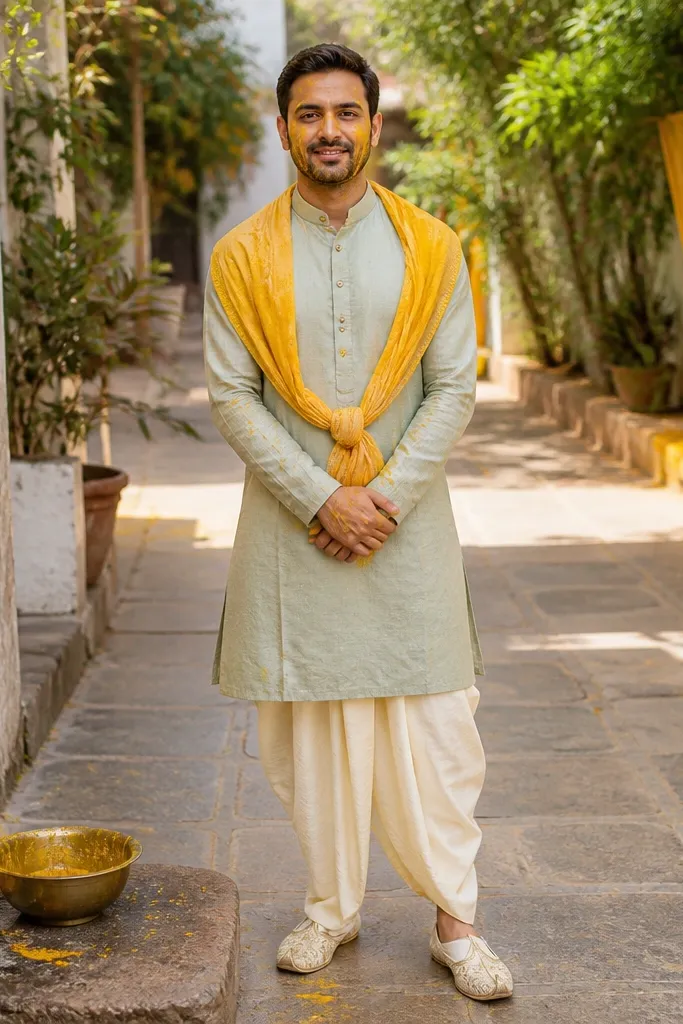 Sage short kurta with marigold dupatta knotted at one shoulder