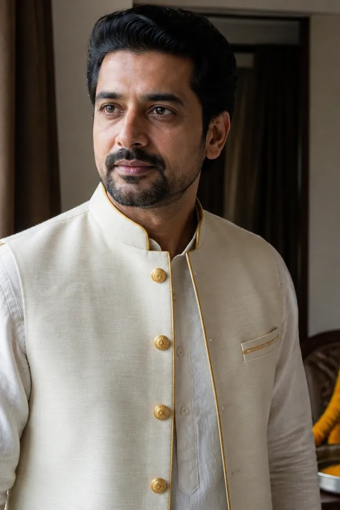 Ivory waistcoat over kurta with saffron-toned buttons and clean lapels