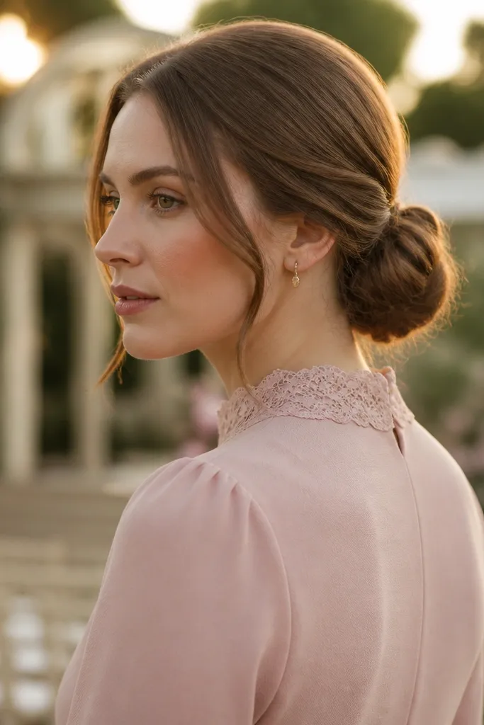 Brown hair in a soft low bun with bobby pins hidden and loose strands near the face.
