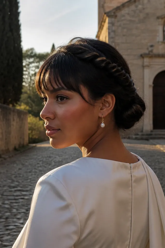 Caramel hair with a rope-twist sweep pinned over a soft low bun and gentle side strands.