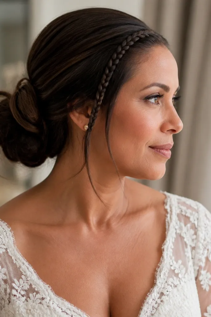 Dark brown hair with a tiny braid running along the side into a low bun.