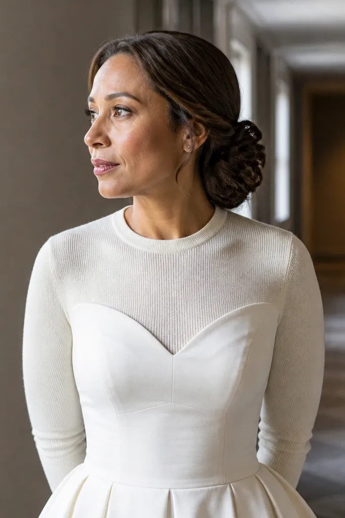 Chestnut hair with a twisted side loop pinned into a low bun and soft cheek strands.