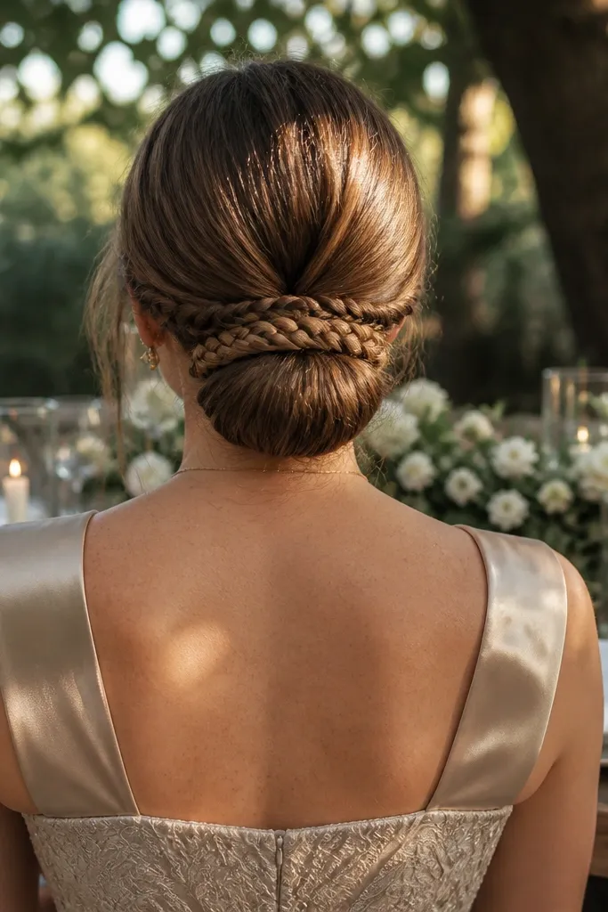 Ash brown hair with a small braid wrapped around the base of a soft low bun.