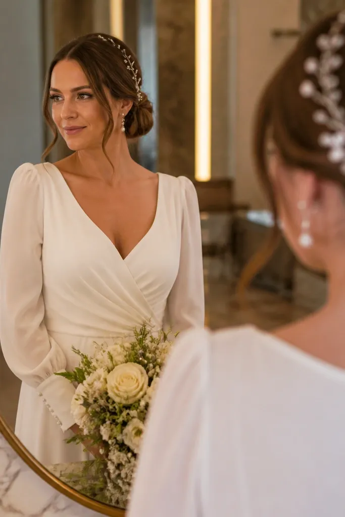 Black hair in a soft low bun with pearl hairpins scattered near the bun and temples.