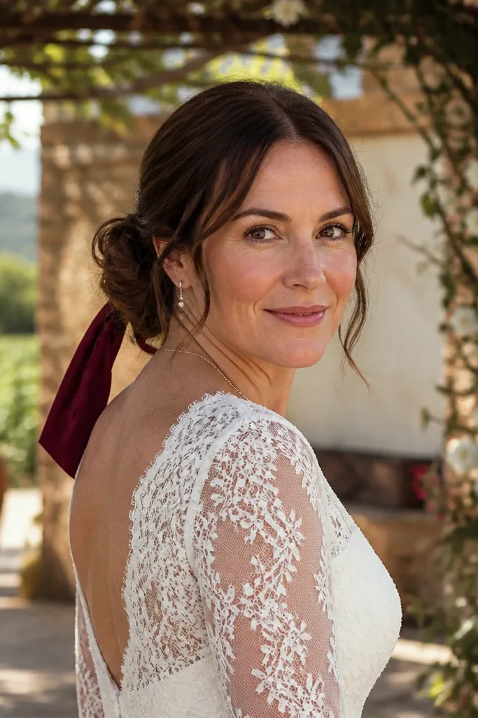 Plum velvet ribbon wrapped around a low bun with soft loose strands at the front.