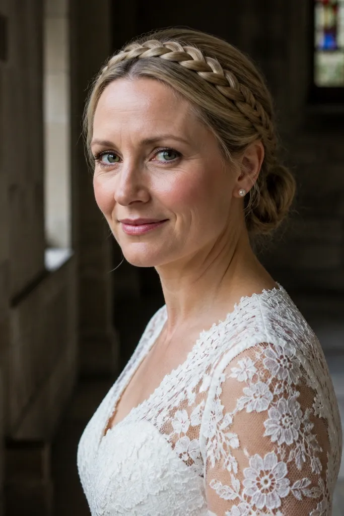 Medium brown hair with a braided crown leading into a low nape bun knot.