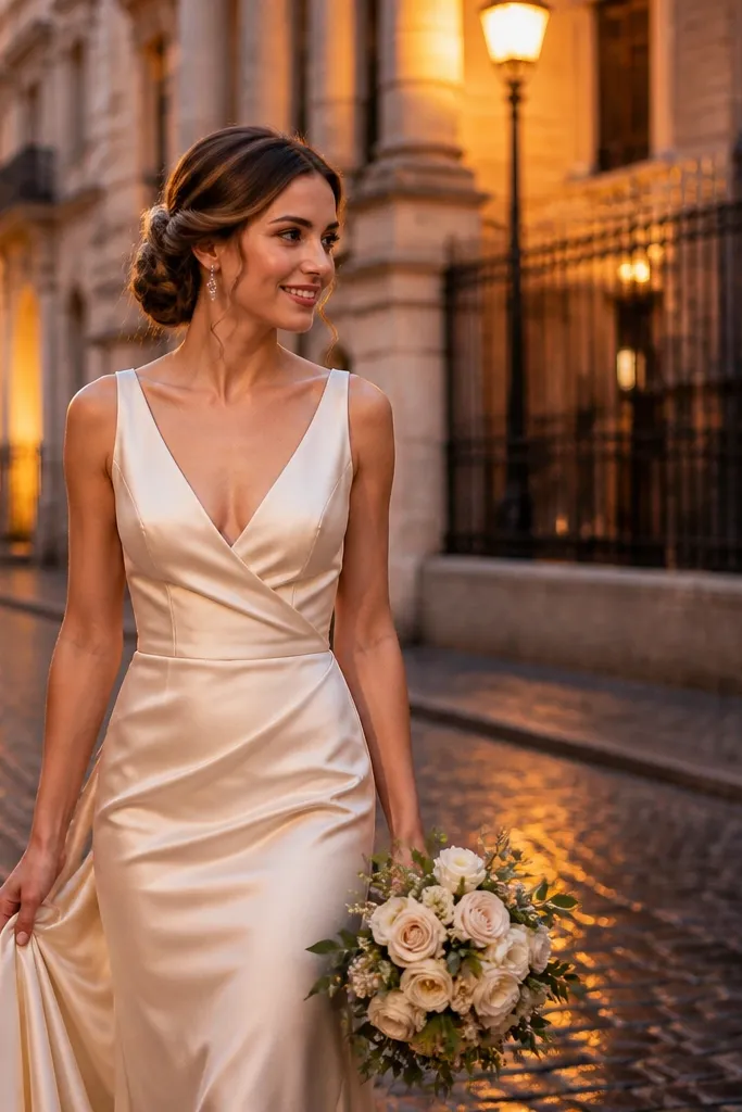 Chestnut wavy hair in a low bun with a twisted waterfall pattern at the side.