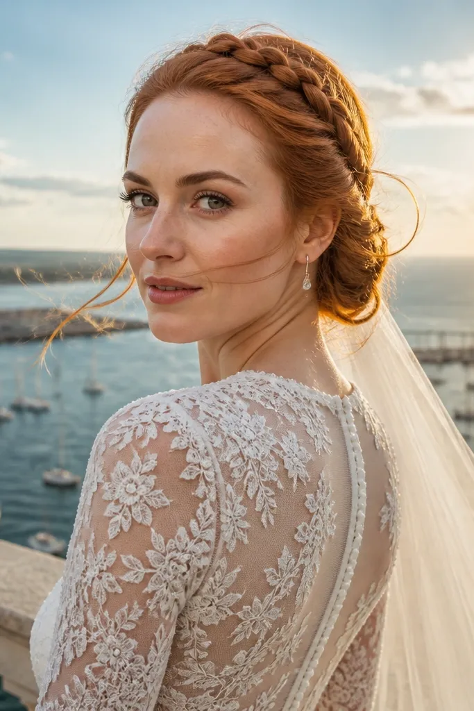 Blonde hair with a half braid framing the back of a low bun like a halo.