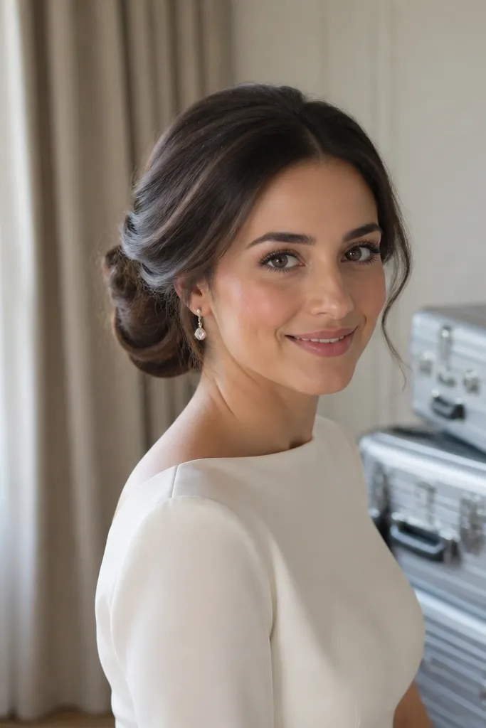 Medium brown hair in a low bun shaped with a small donut and loose knot texture.