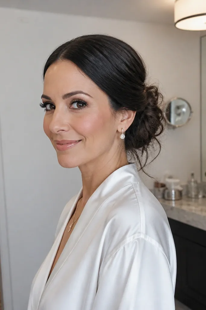 Dark hair with a sleek top and a soft low bun with a few underlayer wisps.