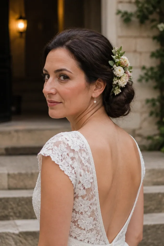 Warm brown hair in a low bun with a small cluster of floral pins at the side.