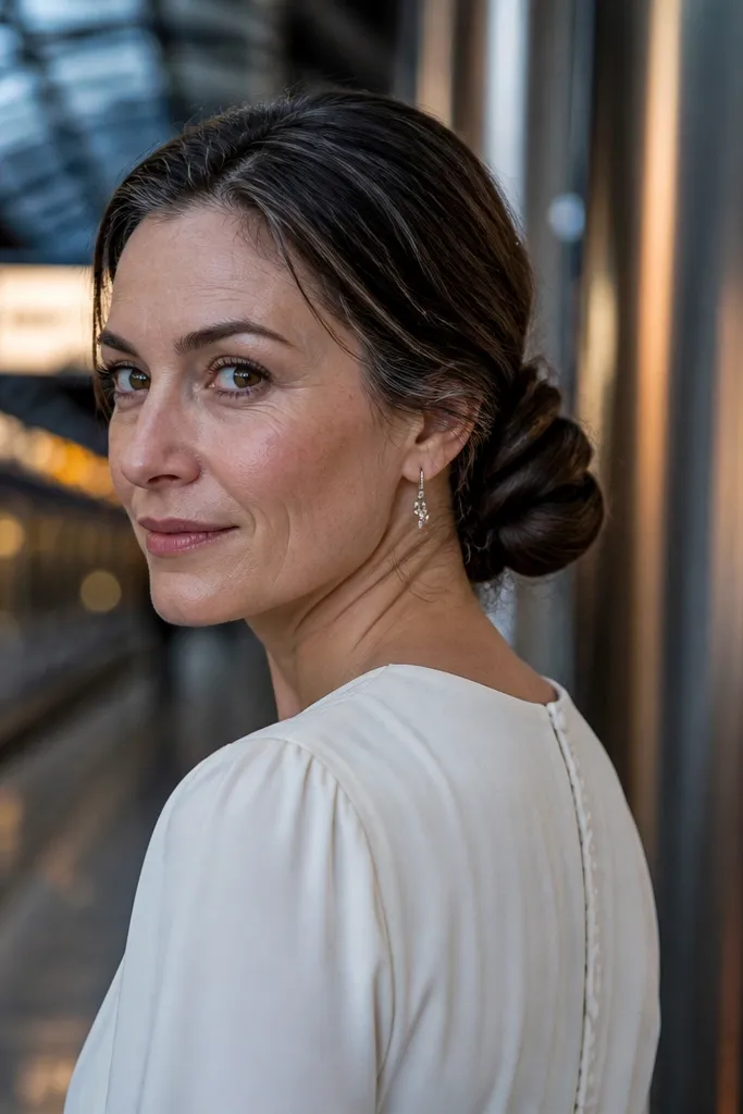 Reddish brown hair in a low bun with a two-strand twist wrapped around the base.