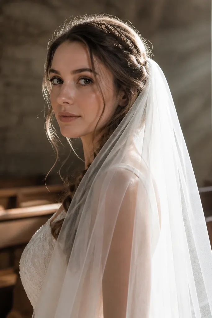Dark blonde hair in a low bun with a soft side braid tucked for veil support.