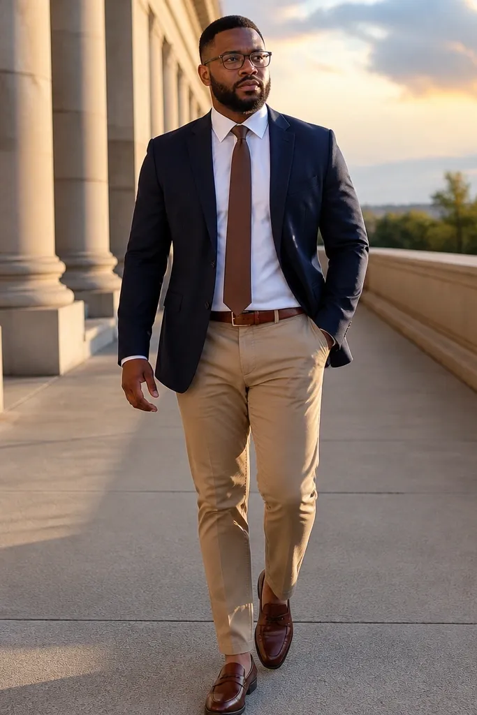 Navy blazer with white oxford shirt, tan chinos, brown belt and boots