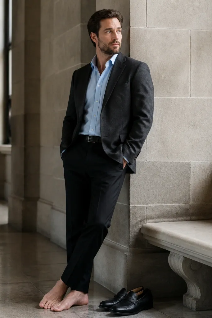 Charcoal jacket with light blue shirt and black trousers, black leather loafers