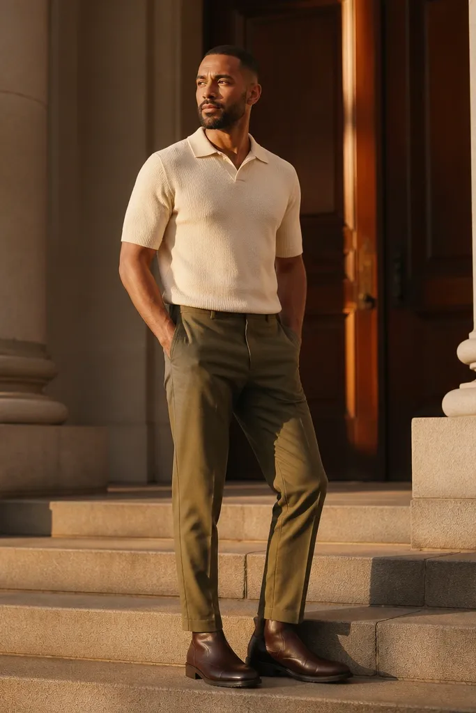 Cream knit polo with olive trousers and dark brown boots