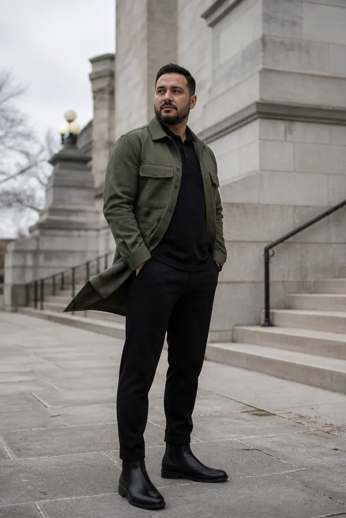 Olive overshirt with black trousers and black Chelsea boots