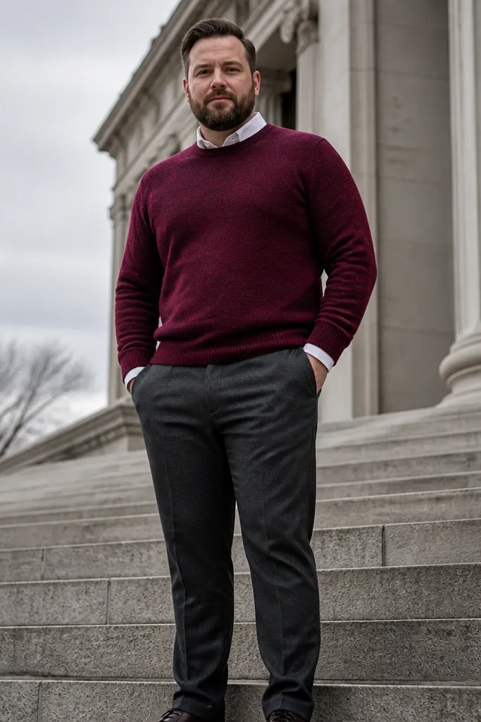 Burgundy sweater over white shirt with charcoal slacks and dark shoes