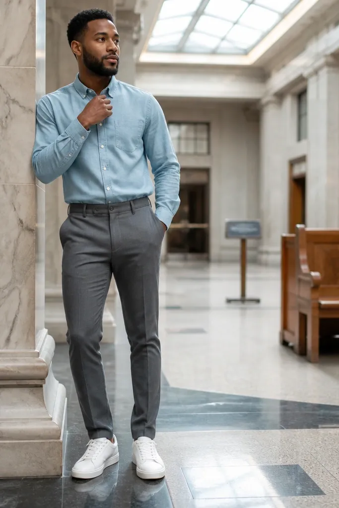 Light blue chambray shirt with gray trousers and clean white sneakers