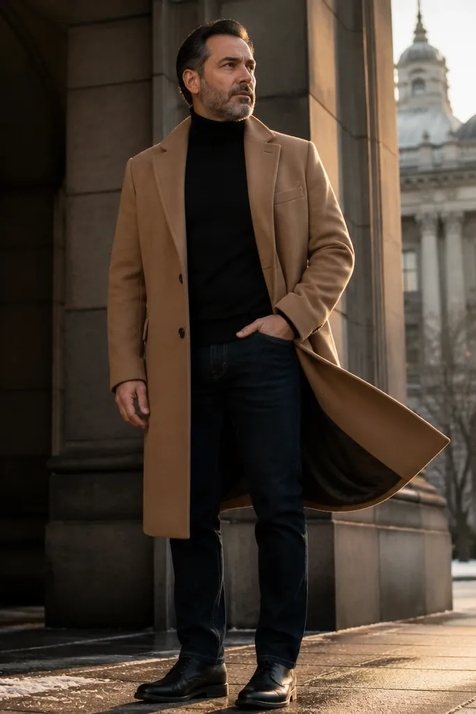 Black turtleneck with camel overcoat and dark jeans, black leather shoes