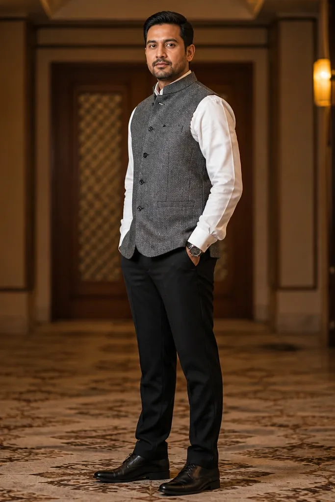 Gray wool vest over white shirt with black trousers and leather oxfords