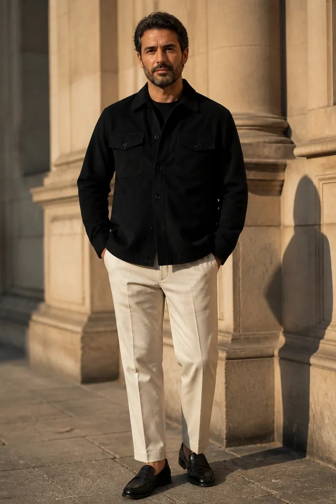 Black shirt jacket with cream trousers and black loafers