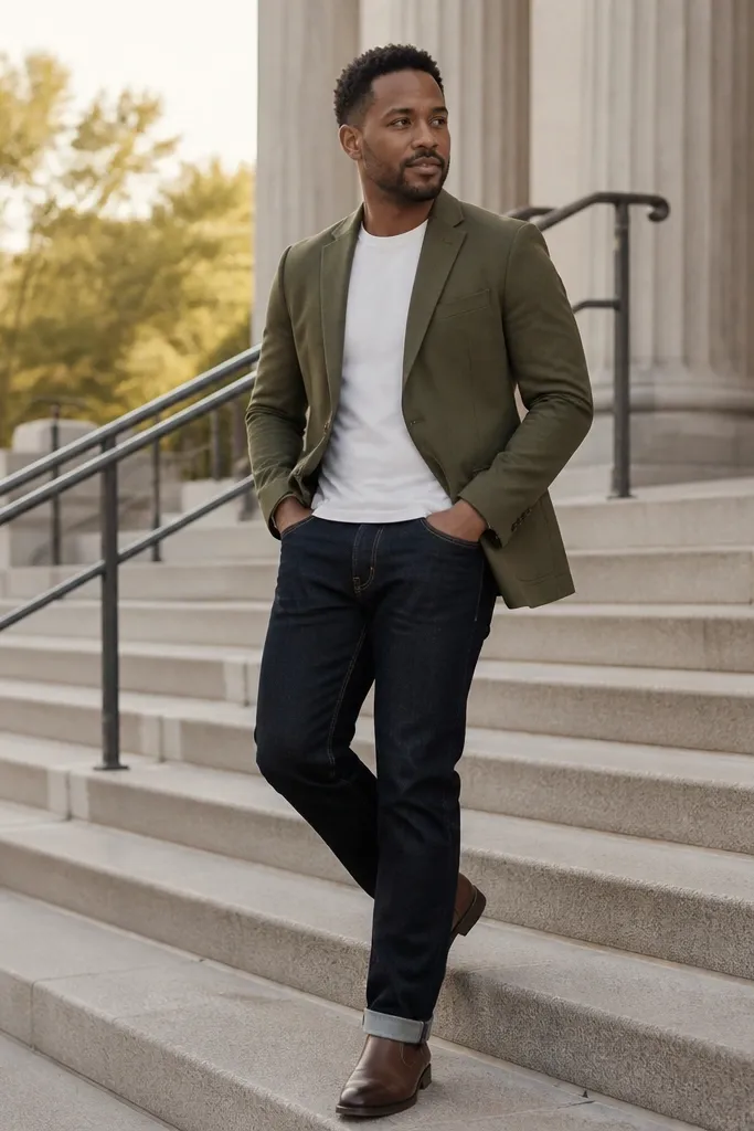 Olive suit jacket over white tee with dark denim and brown boots
