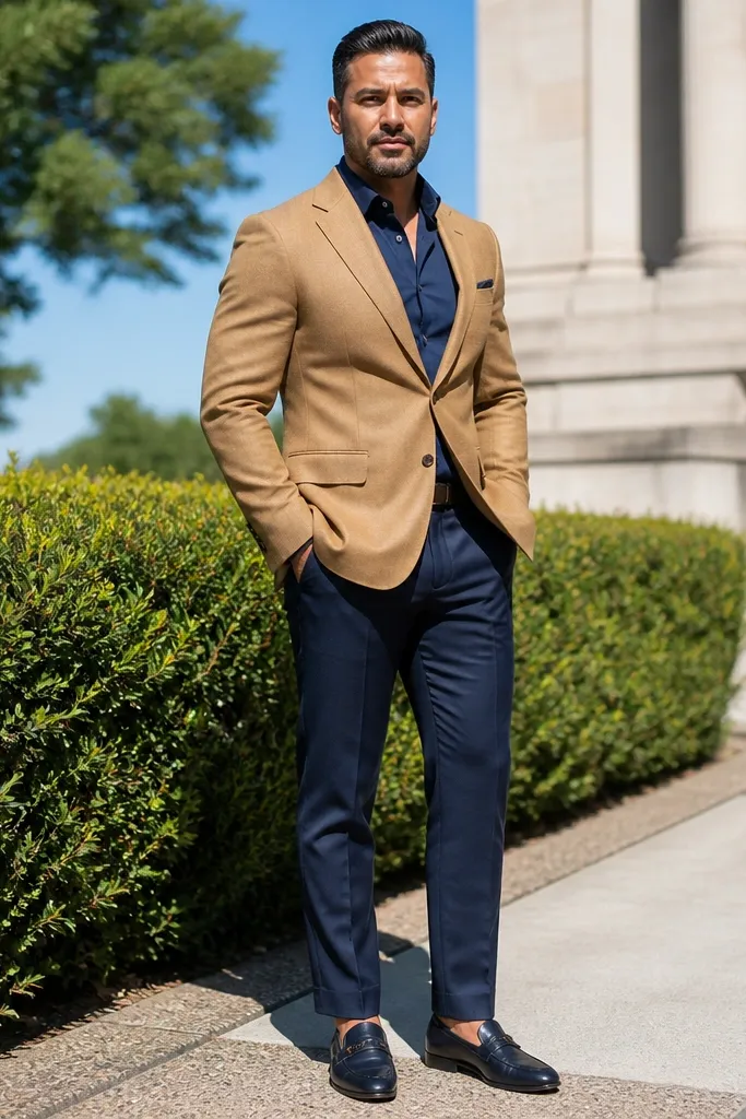 Tan blazer with navy dress shirt and navy loafers