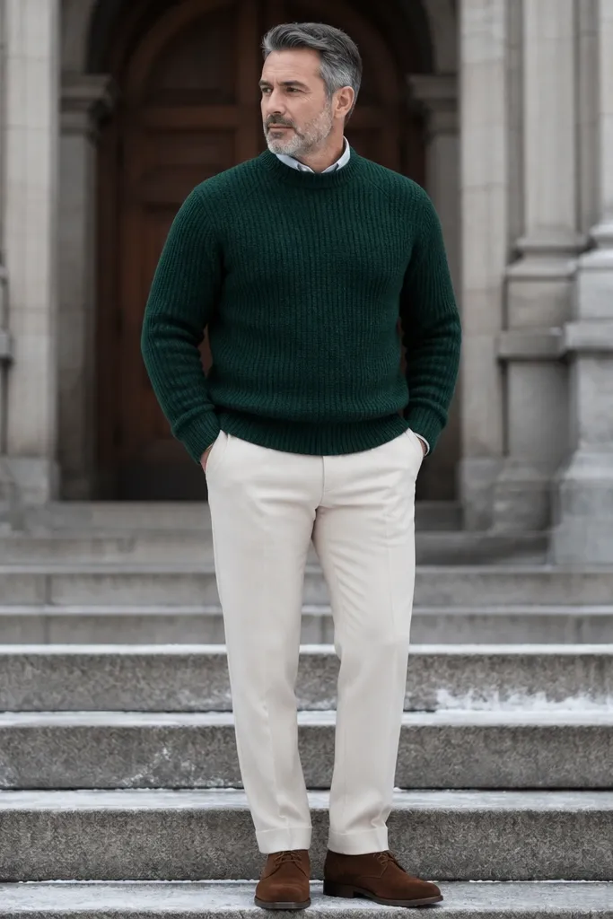 Deep green knit sweater with cream trousers and brown suede shoes